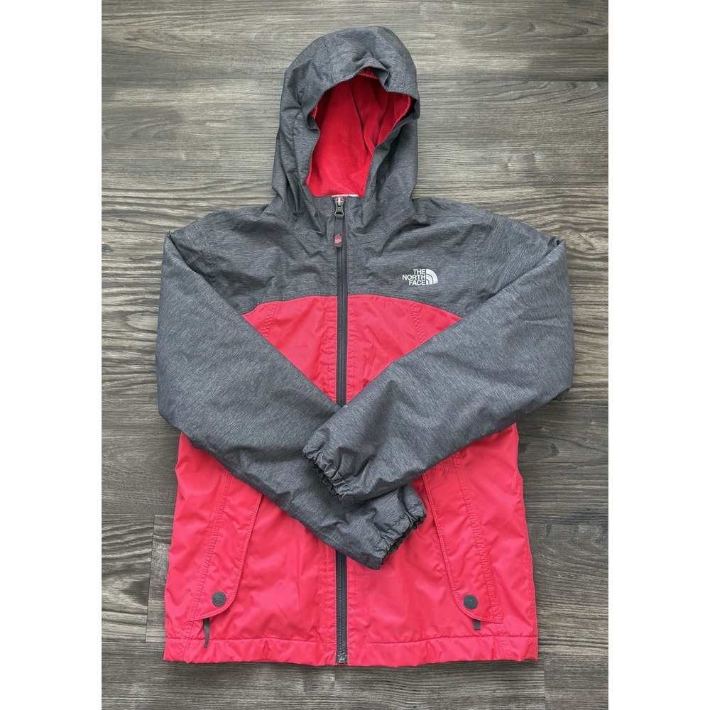 The North Face Fleece Youth Girl Pink Gray Hooded Jacket Full Zip SZ Large 14/16